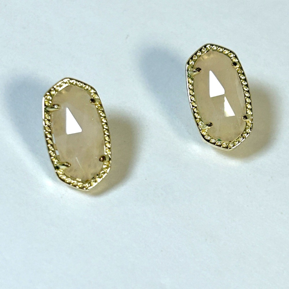 Kendra Scott Ellie Stud Earrings, Gold Tone, Pale Pink Rose Quartz